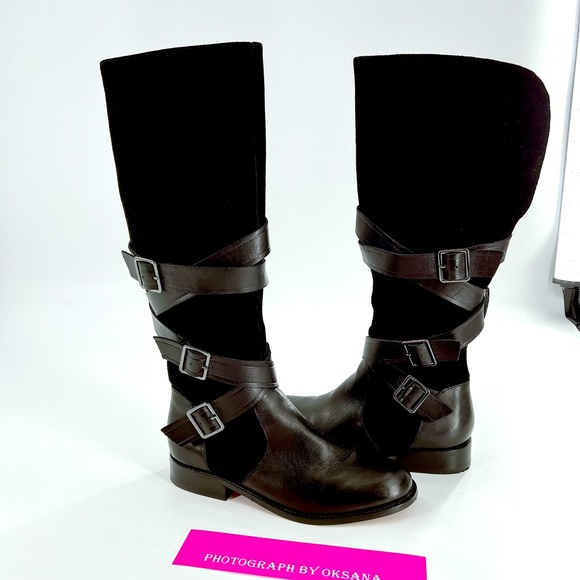 G.I.L.I Leather Tall Shaft Boots - Rivine , Black, Size 7 Black Leather/Suede - Picture 13 of 16